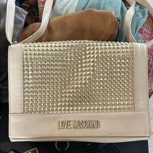 Love Moschino Cream and Gold Studded Shoulder Bag